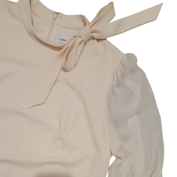 Calvin Klein Size 18W Light Pale Pink Mini Midi Dress Bow Detail Sheer Sleeves - Picture 4 of 11